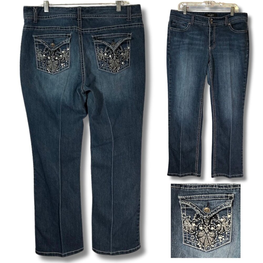 Nine West Annette Straight Leg Embellished Back Pocket Jeans Dark Wash Womens 14